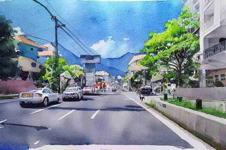 !! watercolor!! penang road in a sunny day, artwork by tooth wu, colorful contrast,!!!! very coherent!!!!, dark shadow, thick lineart 