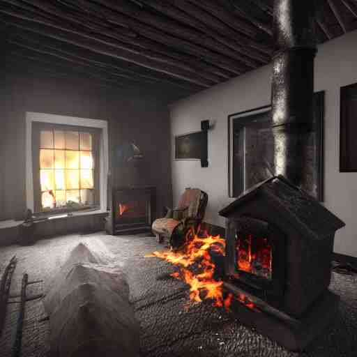 photorealistic interior rendering of a hebridean crofter's black house, scotland, fire in center, smoke, old ancient architecture, traditional, volumetric lighting, unreal engine render 