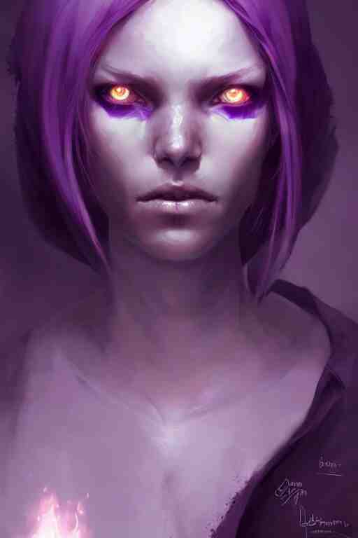 character art by bastien lecouffe - deharme, young woman, purple hair, glowing purple eyes 