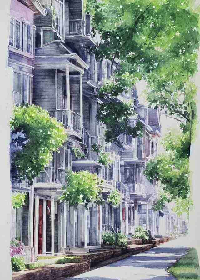 street lined with old residential houses summer watercolor by arti chauhan trending on artstation 