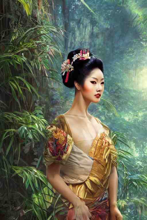 stunningly beautiful, peruvian geisha prima ballerina in jungle, symmetrical face, golden hour, smooth, focus, highly detailed, hyper realistic, dramatic lighting, elegant, intricate, concept art, art by wlop, mars ravelo, greg rutowski, artstation 