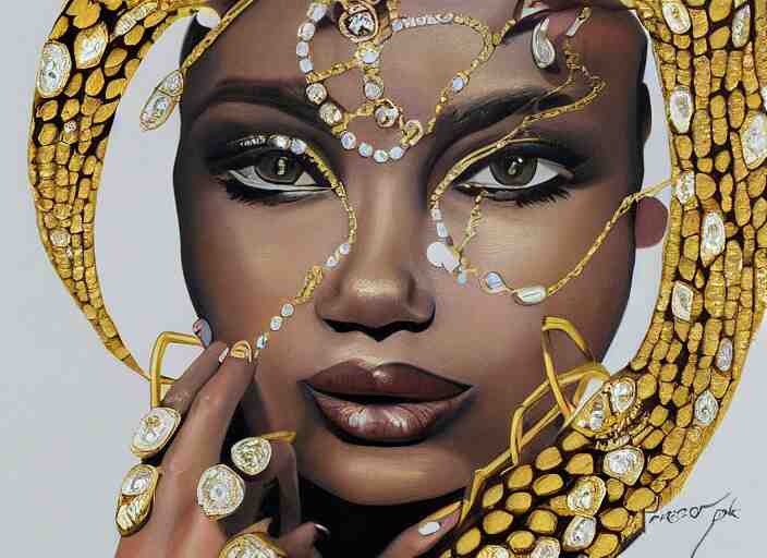 painting of a female wearing hundreds of gold and platinum rings, by alex petruk 