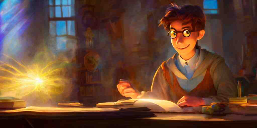 a young male mage they are in a alchemy workshop working at there desk. colorful, light rays, medium shot, waist up, sharp, bloom, dramatic lighting, by pixar, dreamworks and marvel 