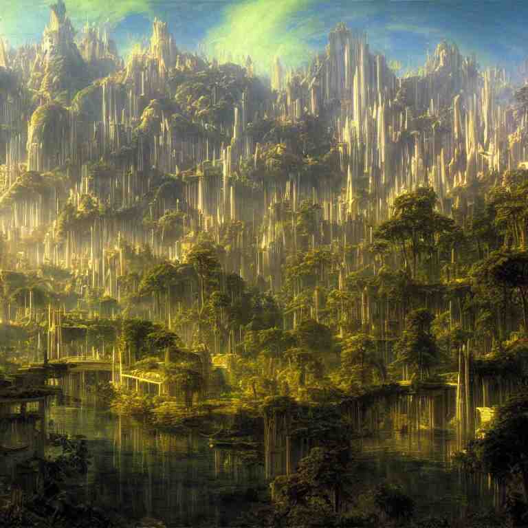 a sprawling science fiction city inspired by rivendell, painted by bierstadt and chirico hidden in a forest 