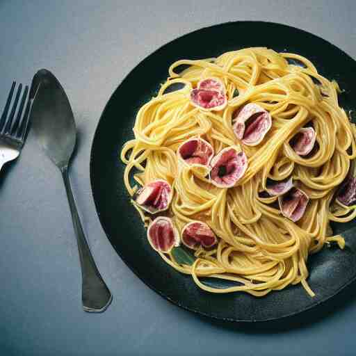 kodak portra 4 0 0, 8 k, soft light, volumetric lighting, highly detailed, a photographic still life of a plate of carbonara, typical italian food, realistic, hyper realistic - h 7 0 4 