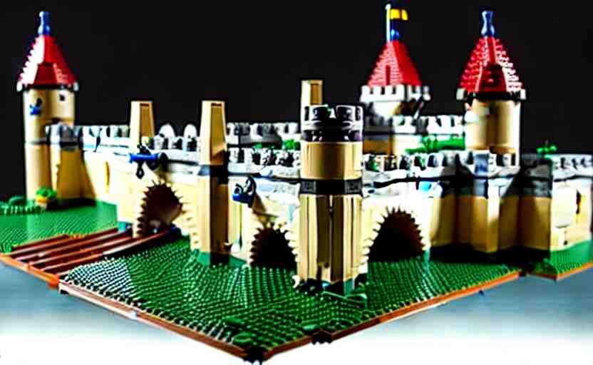 a realistic detailed accurate Lego set of a medieval French castle on a green hill