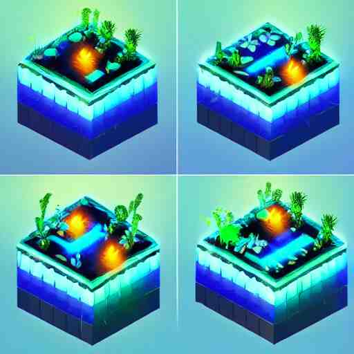 concept 2 d game asset, isometric staircase blocks, organic isometric design, bioluminescent alien - like plants inspired by the james cameron's avatar's alien nature. we can see alien plants glowing in the dark arround the isometric itens has colorful neons cyan, orange mooth median photoshop filter cutout vector 