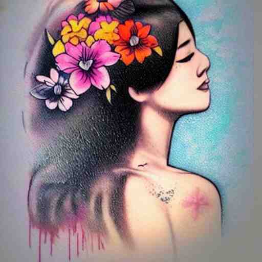 tattoo design, stencil, traditional, beautiful portrait of a Asian girl with flowers in her hair, upper body, by artgerm, artgerm, digital art, cat girl, sexy