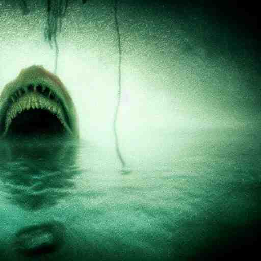 sea monster about to eat pov underwater, pale skin, dark yellowish water, foggy water, dark, dramatic,'silent hill ', big eyes, alluring and terrifying, cinematic 