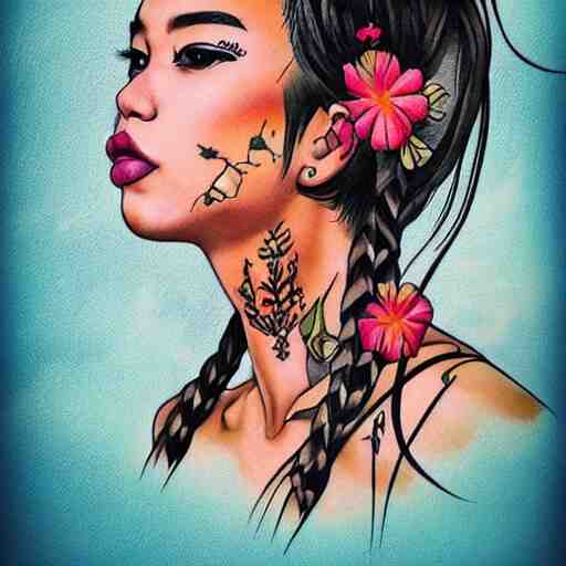 tattoo design, stencil, beach photography, tattoo stencil, traditional, beautiful portrait of a traditional Hawaiian girl with flowers in her hair, upper body, by artgerm, artgerm, artgerm, digital art, cat girl, anime eyes, anime, sexy, super model-s 100