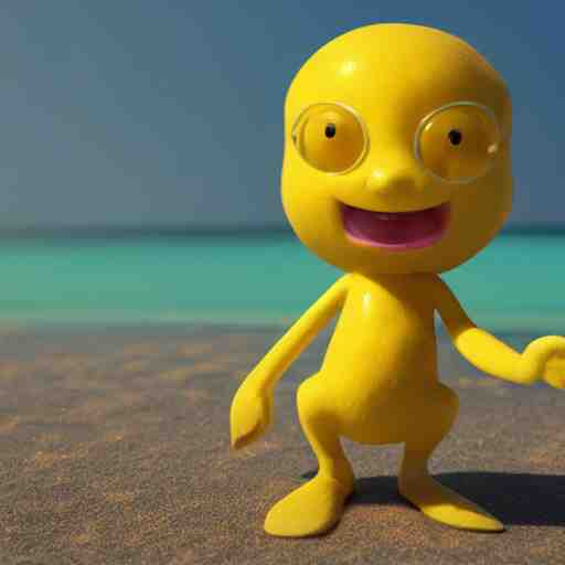 a supercute lemon cartoon character, that is fit and good looking, it's is relaxing on a beach, inspired by dalle - 2, octane render, 3 d, volumetric lightening, 