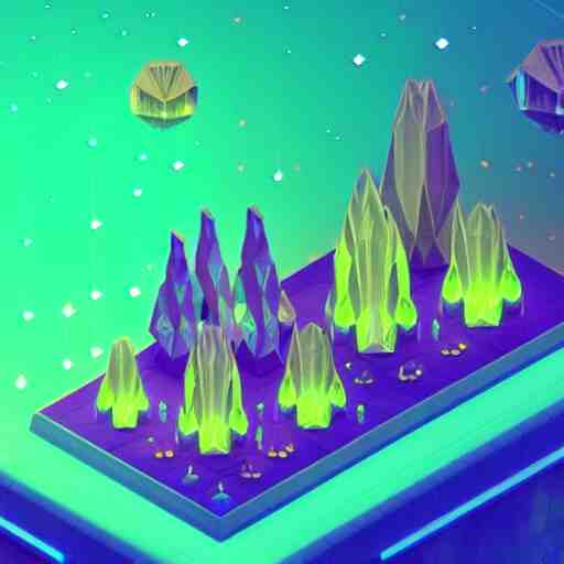 mobile game asset, isometric staircase, crystals, organic low poly vector design, bioluminescent alien - like plants of pandora, aesthetic of avatar's alien nature. we can see alien plants glowing in the dark arround the isometric itens in dark place cyan, orange smooth glow night photoshop filter low poly behance hd 