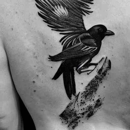 back piece tattoo of a magpie flared out holding a pennant in it's claws, high detail 