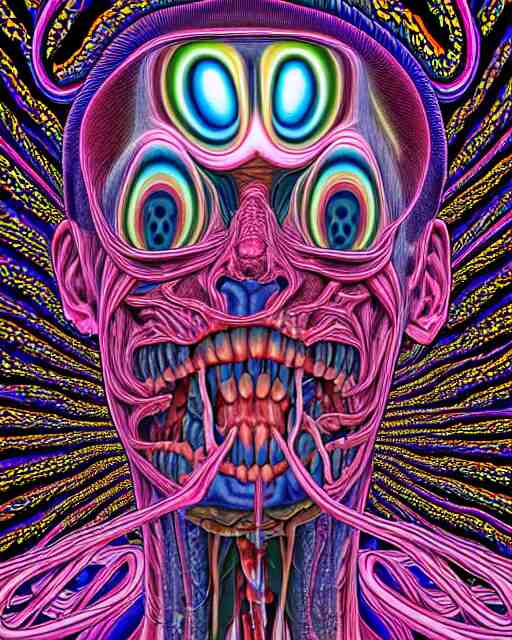 Human Body breaking away, Conjuring Psychedelic Illustration, part by Shintaro Kago, part by Alex Gray, ultra realistic, highly detailed, 8k, symmetry, fractals, grotesque, vibrant,