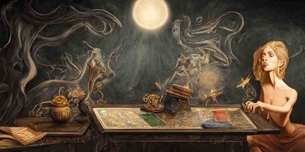 lonely aristocrat examining the mysteries of tarot cards on a magical blackboard, background is magical blackboard with chalk drawings of tarot cards,, fantasy art, matte painting, high quality, digital painting, artwork by tony sart 