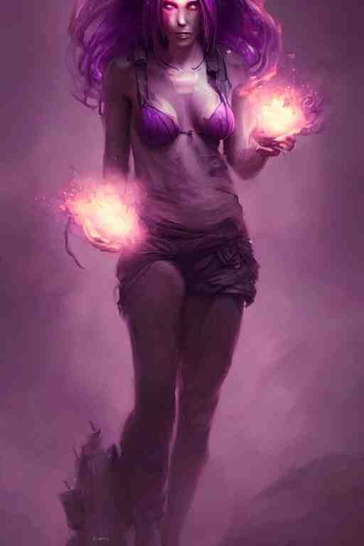 character art by bastien lecouffe - deharme, young woman, purple hair, glowing purple eyes 