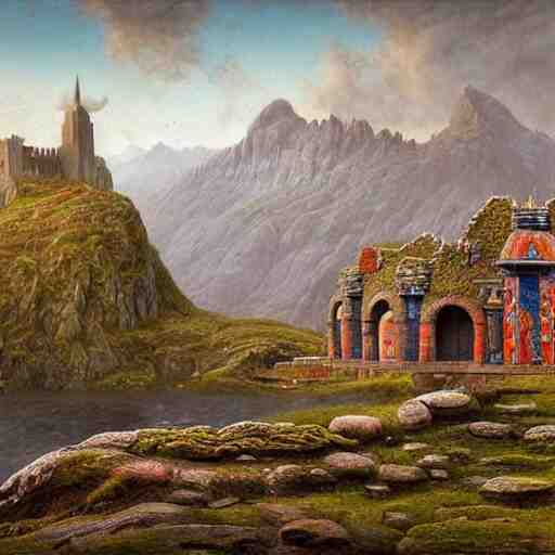 a beautiful and highly detailed matte painting of a colorful yet humble viking temple and fort built of large stones in the distance high in the most epic mountains ever, intricate details, epic scale, insanely complex, 8 k, sharp focus, hyperrealism, very realistic, by caspar friedrich, greg rutowski, james gurney, hudson river school 