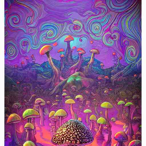 trippy mushrooms, acrilic paint, digital, artstation, detailed intricate ink illustration, heavenly atmosphere, digital art, overdetailed art, concept art, complementing colors, trending on artstation, cgstudio, the most beautiful image ever created, dramatic, subtle details 