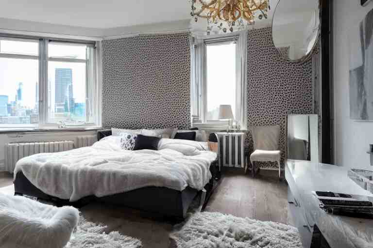 A sunny bedroom, exquisite decoration, all New York Apartments style furniture, polar bear, high tech