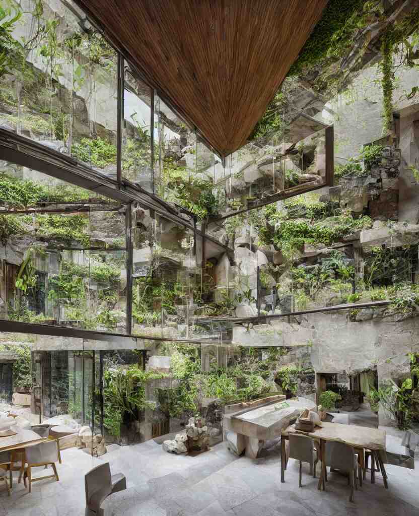 a stunning interior of a split - level villa with a swimming pool, intricately stacked and iteratively interlocked stone blocks in the style of ennis house, extremely coherent, fusion of frank lloyd wright and carlo scarpa, people are sitting at a table eating dinner, plants and moss and ivy growing on the stones, indoor picture, long shot, architectural photography 