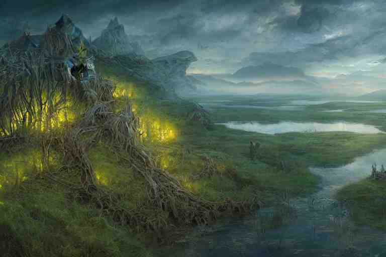 aerial view, fantasy painting, dungeons and dragons, a faerie village hovels, swamp reeds wetland marsh sunset estuary, with ominous shadows, an egret by jessica rossier and brian froud cinematic painting 