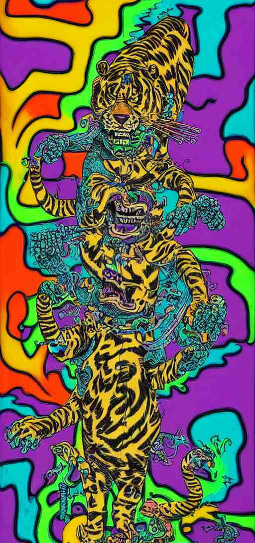 tony the tiger dissolving into neon cereal pieces, cubensis, aztec, basil wolverton, r crumb, hr giger, mc escher, dali, muted but vibrant colors, rainbow tubing 