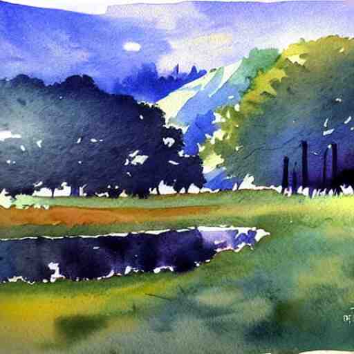 beautiful countryside in watercolor painting 