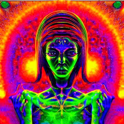 “photo of a beautiful extraterrestrial woman goddess, psychedelic, dmt, lsd, epiphany, fractals, alien forms, organic, acidic, acid, 8k”