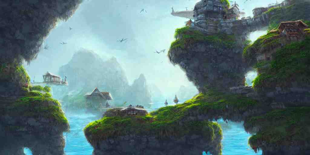 peaceful village built on floating rocks in the sky, rope bridges, birds in background, high fantasy, detailed, digital painting, realistic, landscape by jonathan berube 