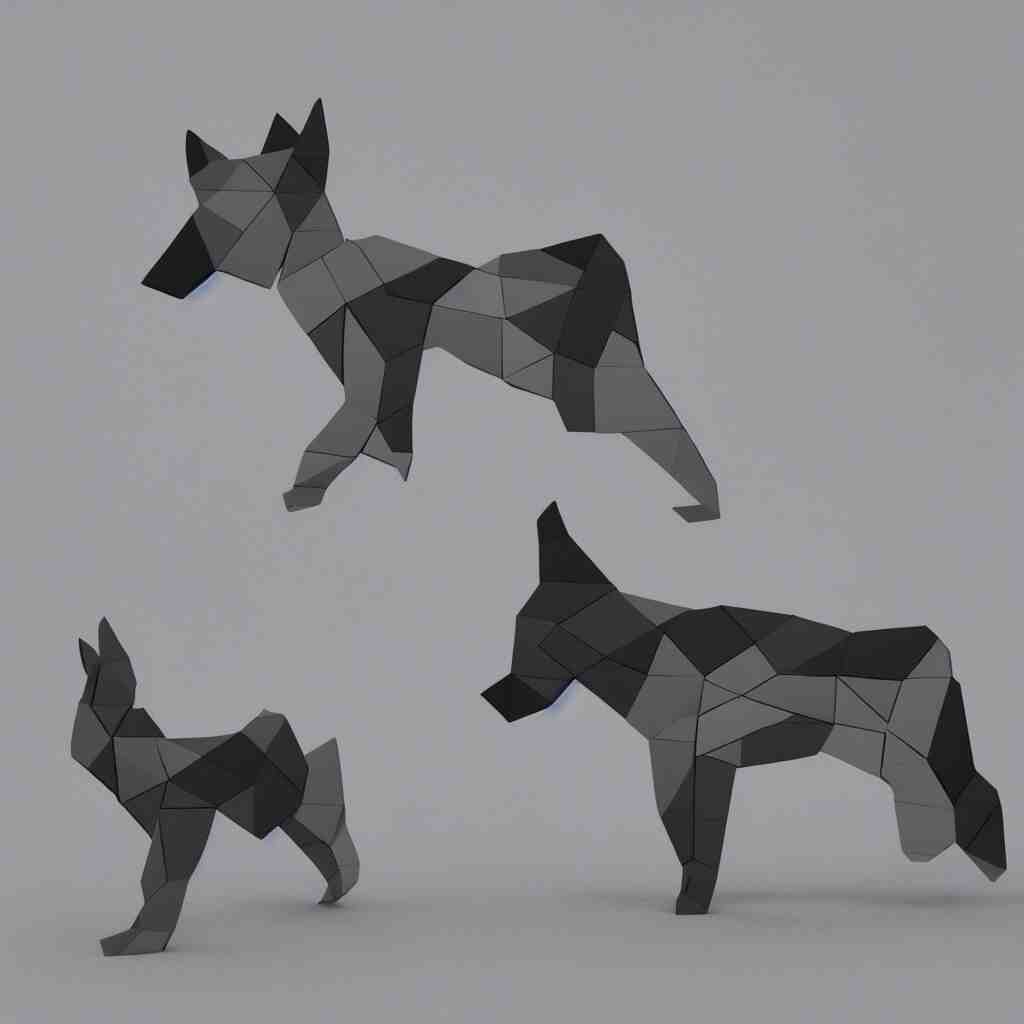 3 d render of chinese tangram of german shepherd figure made of dark gray pieces on light gray background, 2 d image 