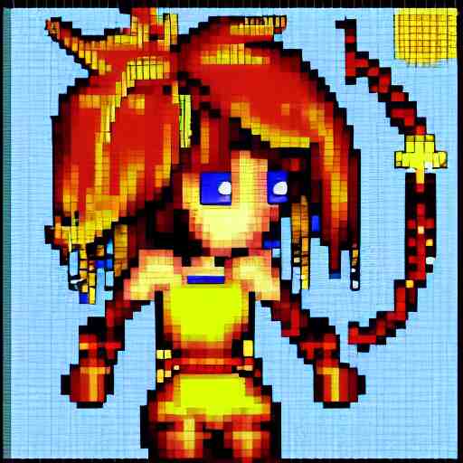 pixel art, 32-bit pixel art, vibrant sprite art, barbarian girl, electrified hair, prehistoric fantasy, palm trees