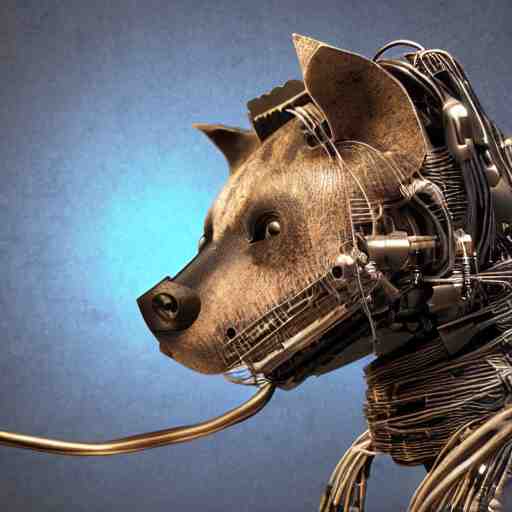 robotic cyberpunk hyena, many wires and metal exposed, realistic photo, bladerunner 