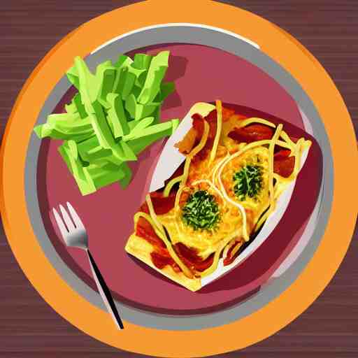 a bowl of spaghetti an omlette and a slice of bacon sitting on a bench, trending on artstation, vector 