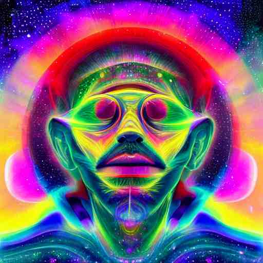 A man's soul becoming one with the galaxy by lisa frank, space, vibrant, colorful, digital art, peaceful, dmt, psychedelic,