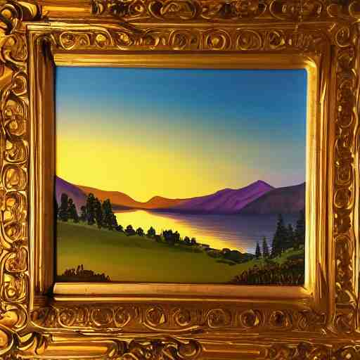 a landscape with a lake in the mountain. sunset. cottage. acrylic painting. 4 k. very detailed. trandint on artstation. masterpiece. shadows. 