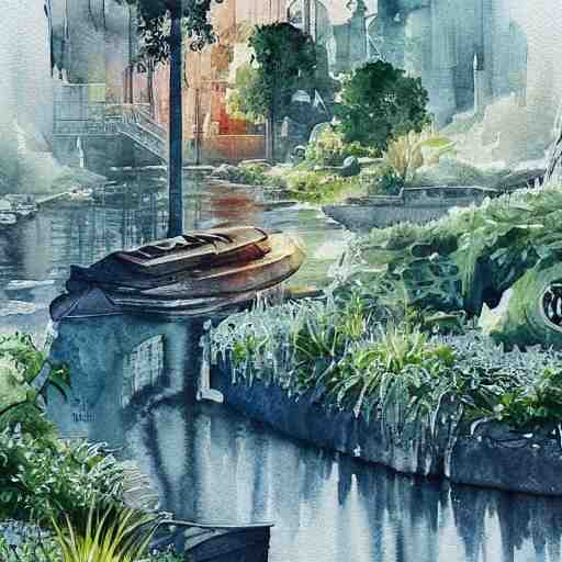 Beautiful happy picturesque charming sci-fi town in harmony with nature. Beautiful light. Water and plants. Nice colour scheme, soft warm colour. Beautiful detailed artistic watercolor by Vincent. (2060)