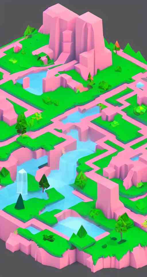 a cute little matte low poly isometric cherry blossom forest island, pink waterfalls, mist, lat lighting, soft shadows, trending on artstation, 3d render, monument valley, fez video game,