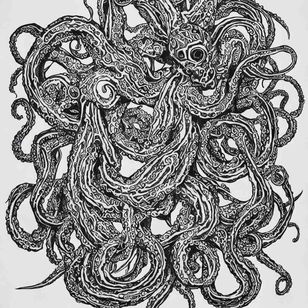 tattoo design. line drawing. symmetric octopus. intricate