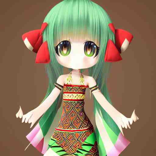 cute fumo plush of a girl in a green and gold tribal patterned dress, stylized material bssrdf, cel shading, vray, anime girl 