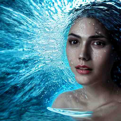 water artwork manipulation in the shape of a beautiful female head, on the ocean water, ray tracing, realistic water sharp focus, long shot, 8 k resolution, cinematic, realistic water art 