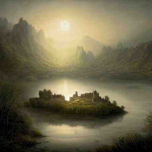 an ultra detailed painting of a mysterious misty lagoon at night, far away behind it is a cliff with a dark castle on top of it with a few windows lit, dark forests surrounding, twilight, highly detailed, fantasy, realistic 