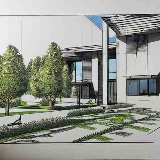 an architectural drawing of a modern house with a courtyard, detailed, lush, 