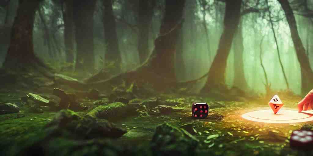 magic : the gathering art of a mythical forest god rolling a d 6 dice, glowing energy, fantasy magic, by willian murai and jason chan, sharp focus, cinematic, rule of thirds, foresthour 