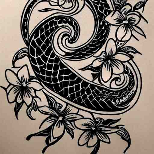 tattoo design, stencil, tattoo stencil, traditional, a cobra with its fangs out surrounded by flowers