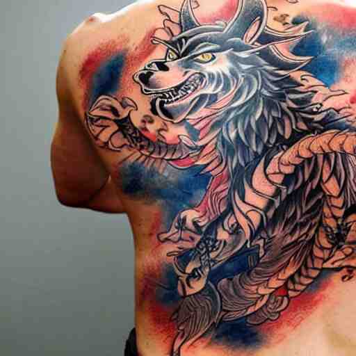 photograph of a Japanese back tattoo, colourful ink, traditional Japanese pattern depicting a werewolf, highly-detailed, beautiful, award winning, 8k