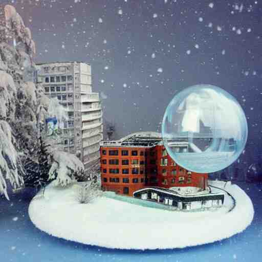 a snow globe diorama with a soviet apartment building in it, brutalism, physically based rendering, 1 9 9 0's 