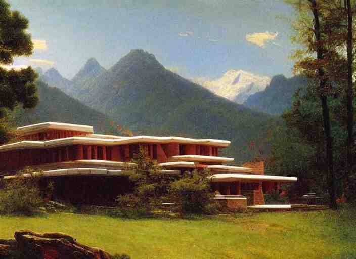 painting of a frank lloyd wright house in front of beautiful mountains by albert bierstadt 