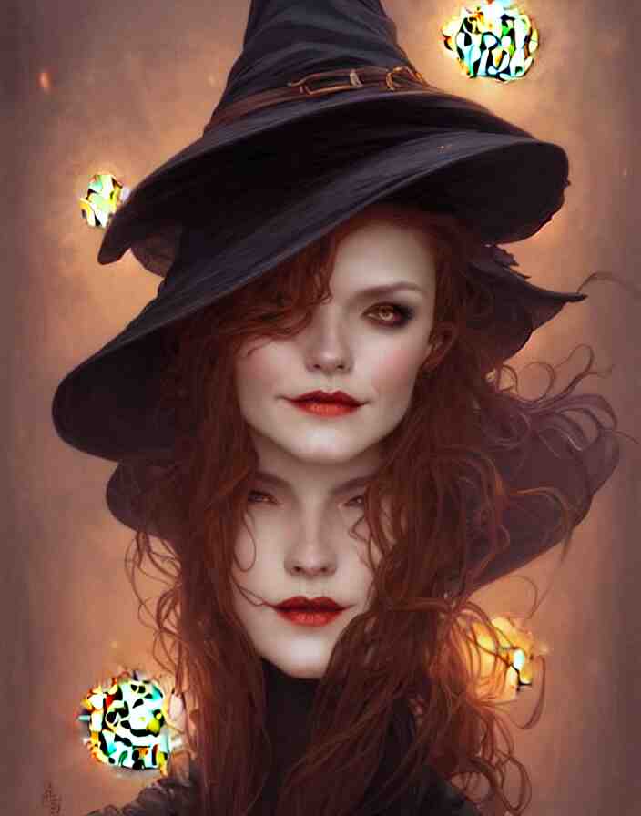 halloween witch woman in a hat smiles, fantasy magic, undercut hairstyle, dark light night, intricate, elegant, sharp focus, illustration, highly detailed, digital painting, concept art, matte, art by wlop and artgerm and greg rutkowski and alphonse mucha, masterpiece 