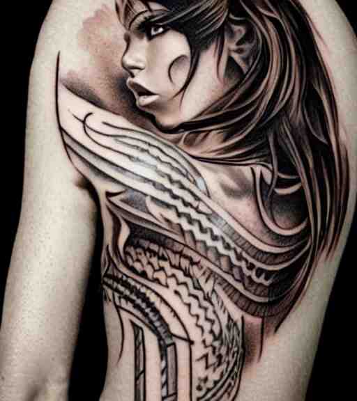 tattoo design on white background of a beautiful girl warrior, hyper realistic, realism tattoo, by eliot kohek 