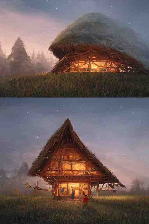 an awesome twilight day concept art of old hut standing at giant hen's legs, by kengo kuma and wes anderson with village, mixed development, cgsociety, fantastic realism, artstation hq 